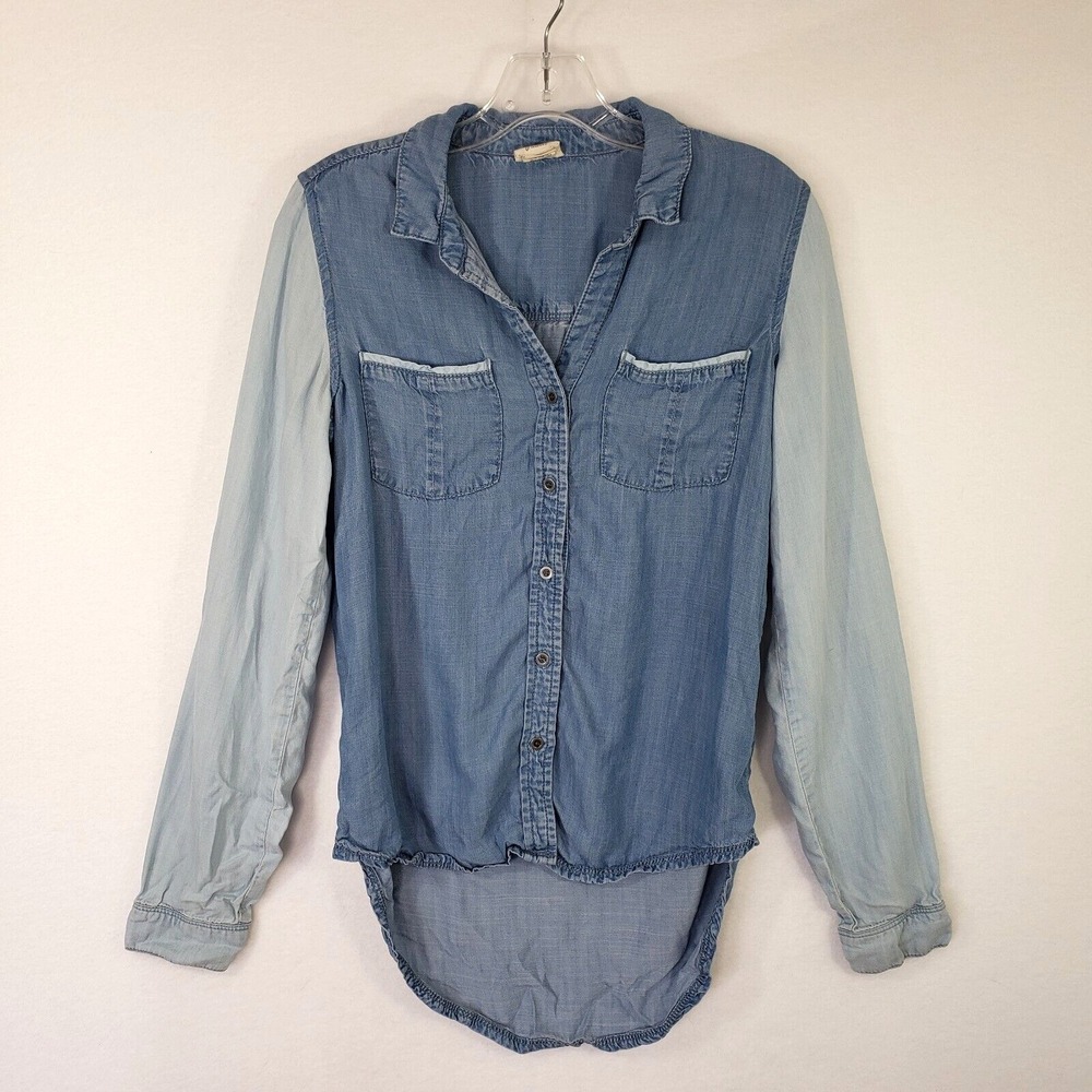 Andrea Jovine Womens Small Denim Chambray Shirt Button Up Long Sleeve Hi Low Hem